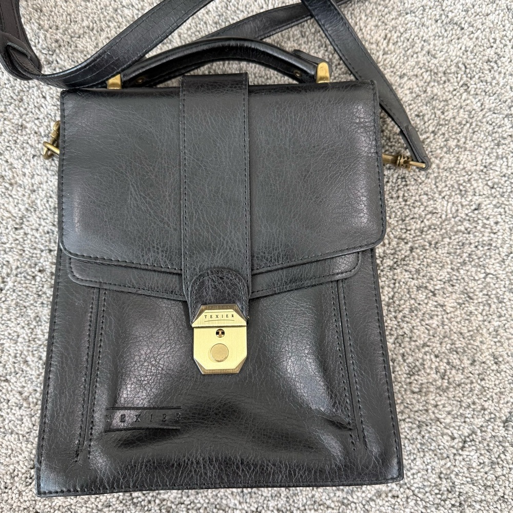 Vintage Texier Black Leather Top Handle Crossbody Bag Flap With Key Unisex